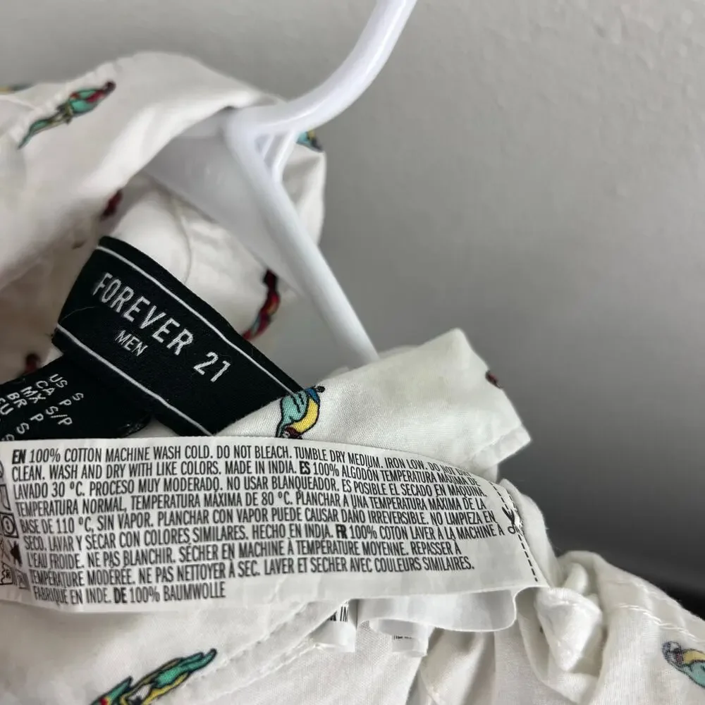 Forever 21 Men White Parrot Print Short Sleeve Button Up Shirt Small - Picture 8 of 8